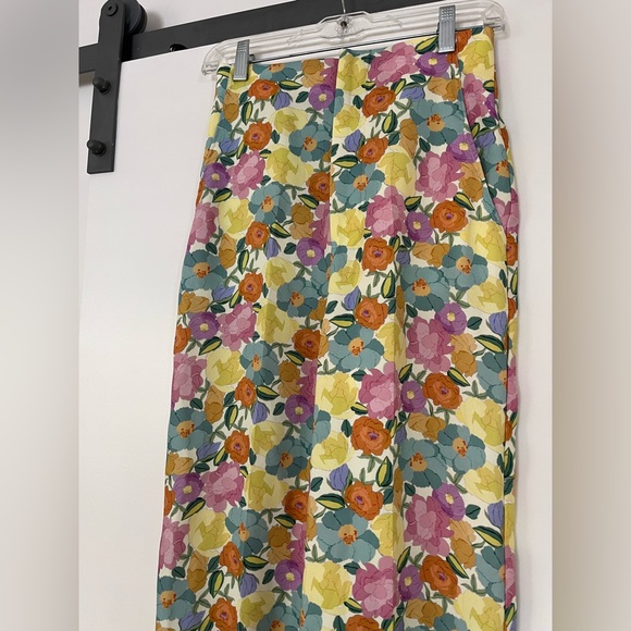 NEW Zara Floral Wide Leg High Waist Pant SMALL Pink Yellow Blue - Picture 9 of 13